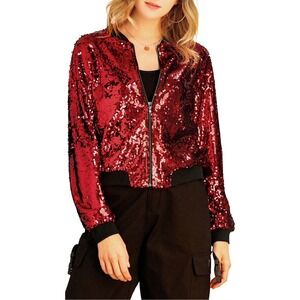 Allegra K Red Sequin Bomber Jacket Womens Medium Zip Up Sparkly Party NWT